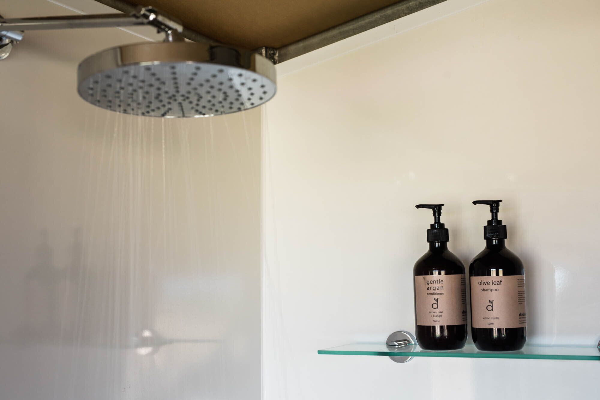 Une douche équipée d’un pommeau de douche à effet pluie et de deux bouteilles de shampoing posées sur une étagère en verre.