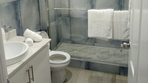 Een moderne badkamer met een douchecabine van glas, een toilet en een wastafel met kastje.