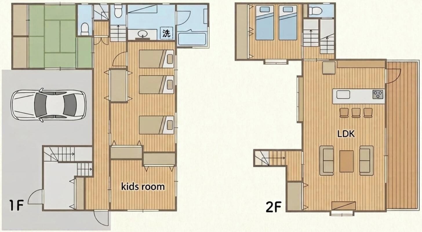 A floor plan with a kids room, a LDK room, and a car parking area.