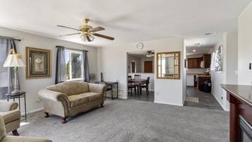 Smart TV, fireplace, video games, DVD player