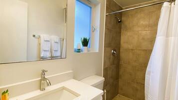 Shower, hair dryer, towels, soap