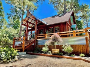 Une cabane en bois avec un escalier, une véranda et un jardin où poussent différentes espèces de plantes.
