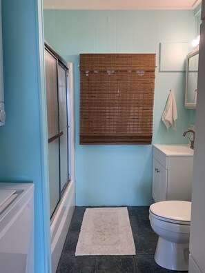 Combined shower/bathtub, hair dryer, towels, soap