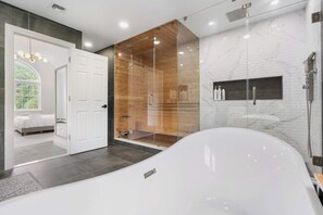 Combined shower/tub, hair dryer