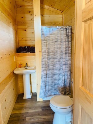 Enjoy a refreshing shower in this cabin bathroom featuring a pedestal sink, toilet, and shower area.