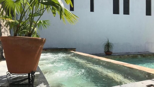 A swimming pool with clear water, surrounded by a white building with arched windows. - Quinta Alberto Boutique Hotel (San Blas)