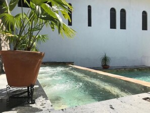 A swimming pool with clear water, surrounded by a white building with arched windows. - Quinta Alberto Boutique Hotel (San Blas)