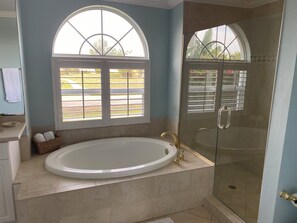 Combined shower/bathtub, hair dryer, towels, soap