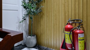 A wooden wall, a potted plant, a fire extinguisher, and a door with a number sign.