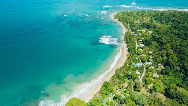 An aerial view of a coastal area with a beach, dense greenery, and scattered buildings.