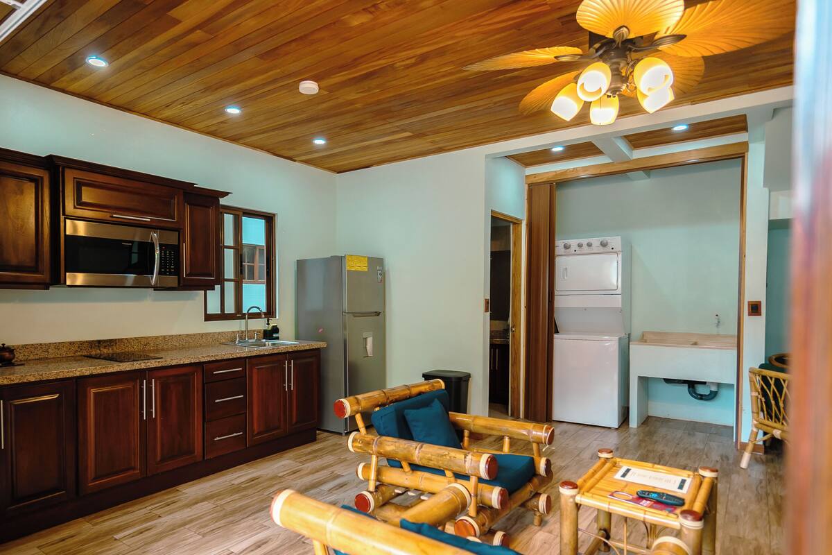 42-inch flat-screen TV with cable channels, heated floors