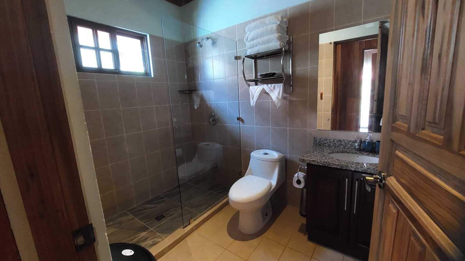 A bathroom with a glass-enclosed shower, a toilet, and a sink with a countertop.