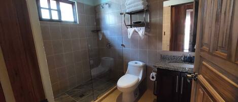 A bathroom with a glass-enclosed shower, a toilet, and a sink with a countertop.
