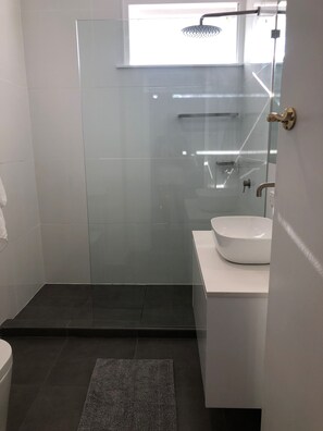 Shower, hair dryer, towels, toilet paper