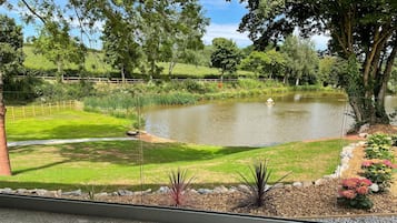 A view of a pond with a wooden fence, grassy areas, and a variety of plants.