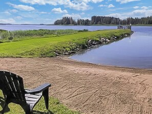 A lakeside view with a bench, calm water, and a distant forest.