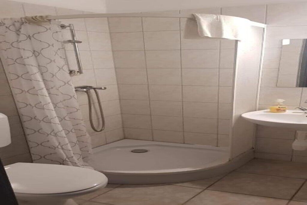 Een douche, handdoeken, zeep, toiletpapier