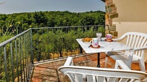 Un balcón con mesa y sillas, con vistas a un viñedo y una colina boscosa.