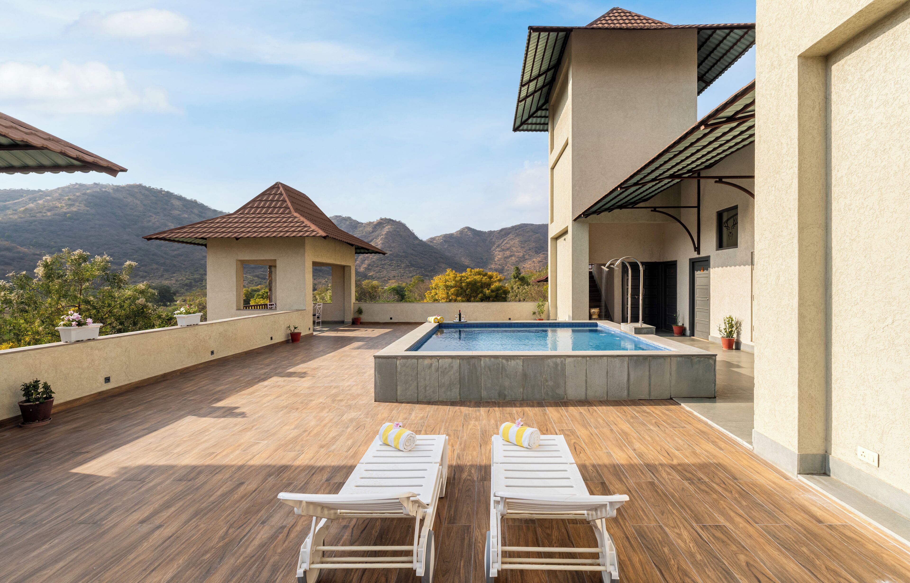 Outdoor pool, pool umbrellas, pool loungers