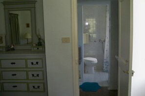 Ein Badezimmer mit Toilette, Dusche und einem blauen Teppich auf dem Boden.