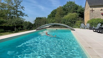 Seasonal outdoor pool, pool umbrellas, pool loungers