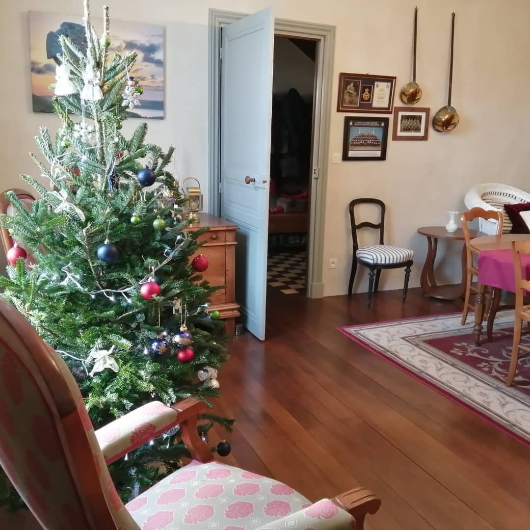 Ett vardagsrum med en julgröt dekorerad med pynt, en matplats med ett bord och stolar samt en hall som leder till ett annat rum.