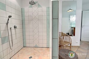 Regadera, secadora de cabello, toallas, papel de baño 