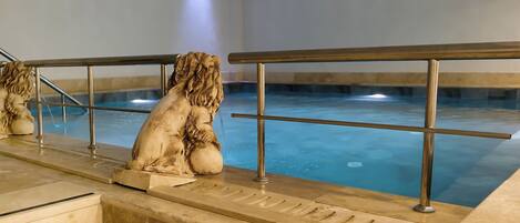 Un jacuzzi con estatua de león, barandilla de metal y piso de baldosas.