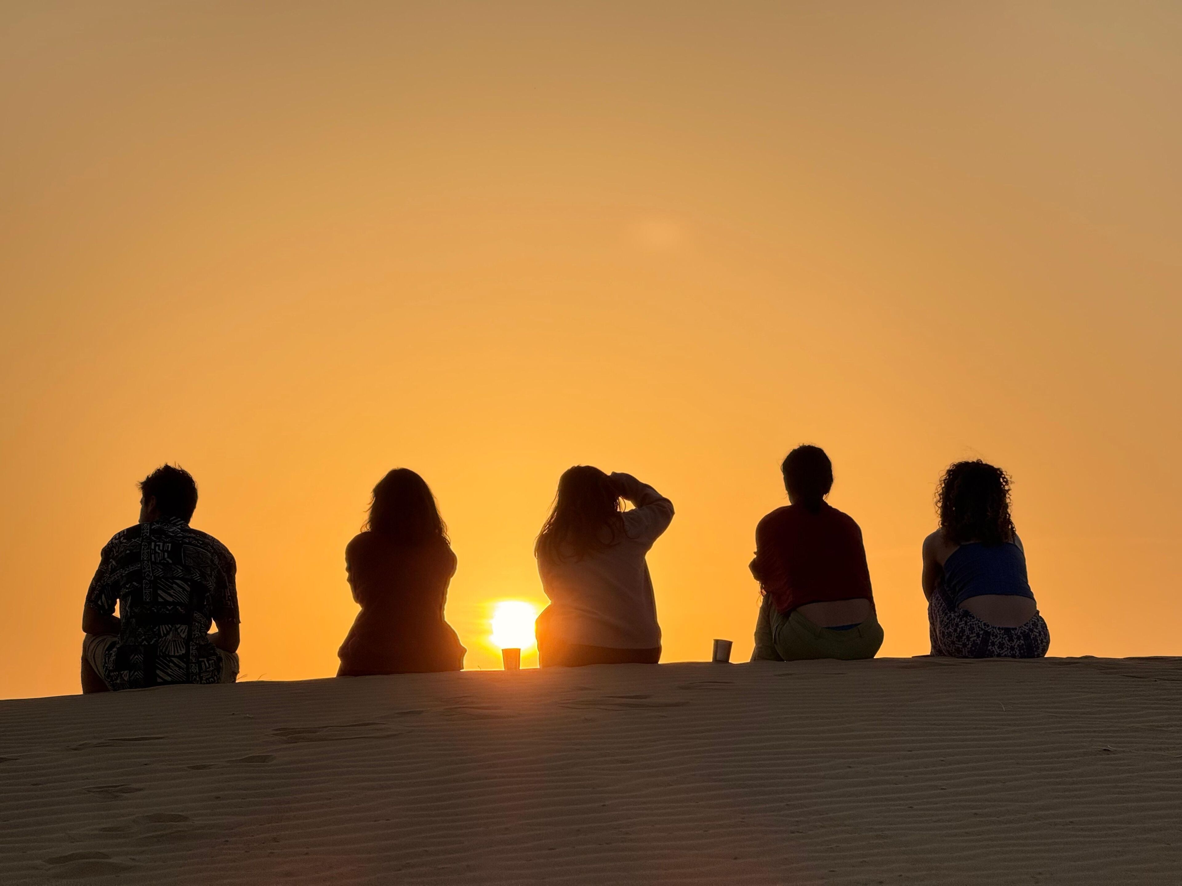 A group of people sitting on a sand dune at sunset.