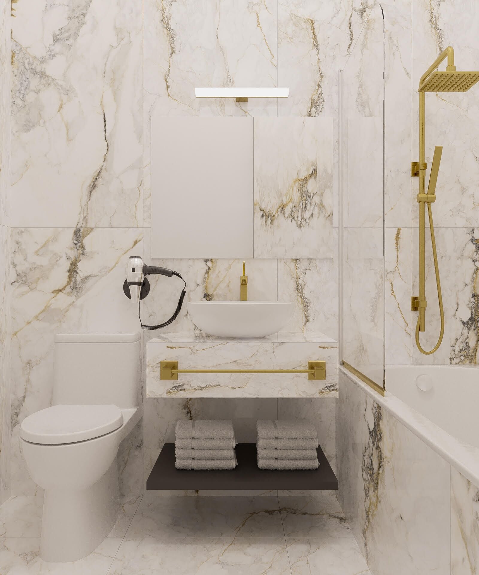 Een moderne badkamer met een marmeren wand, een witte wastafel, een gouden douche en een toilet.