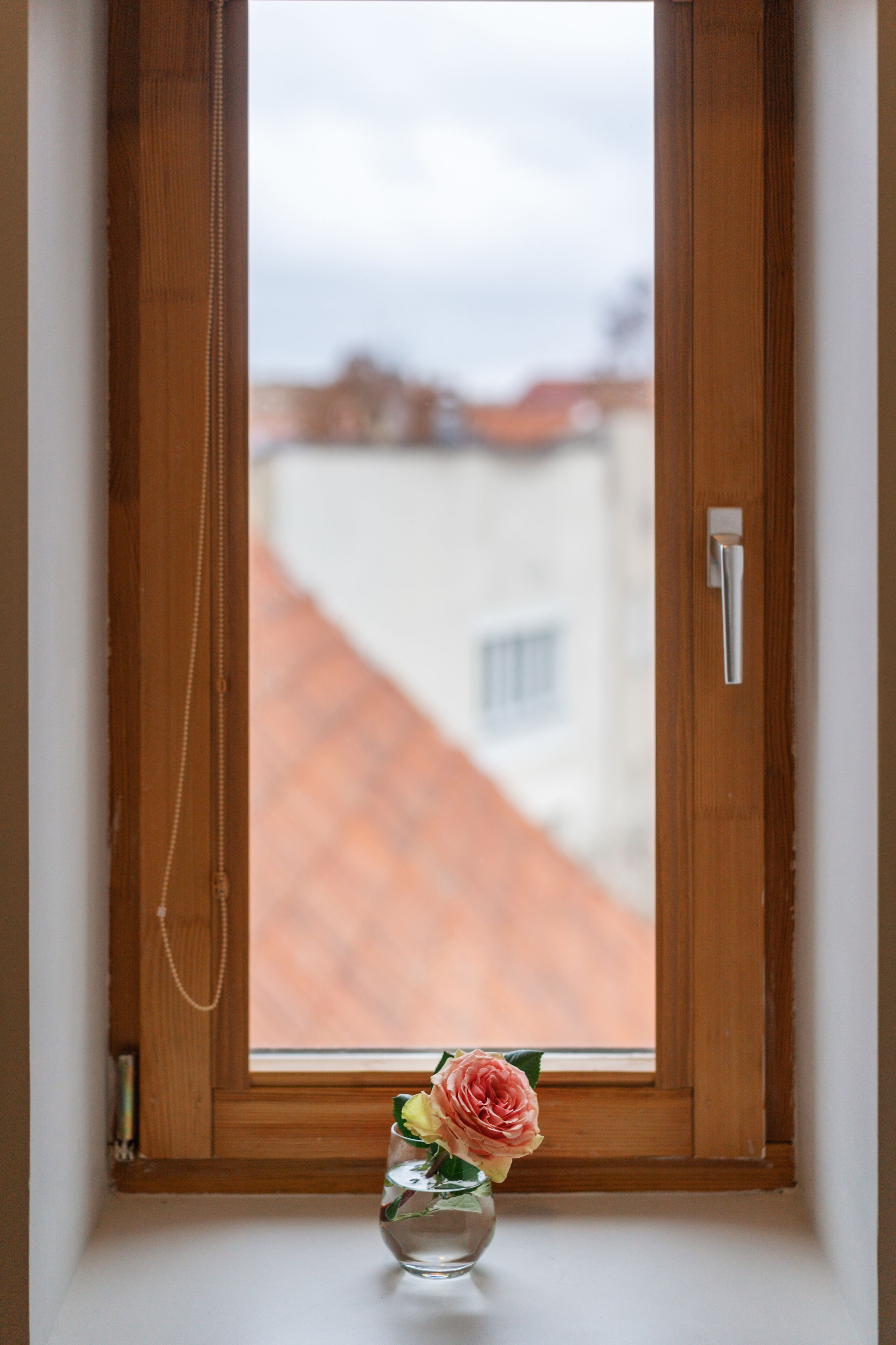 A window with a wooden frame and a small vase with a single flower on a windowsill.