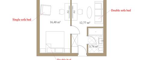 A floor plan of a hotel room with a single sofa bed, a double sofa bed, and a double bed. The room has a total area of 16.40 m², 12.77 m², and 3.74 m² respectively.