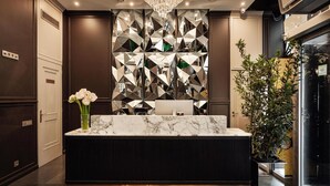 A modern kitchen with a marble countertop, a decorative geometric wall, and a potted plant. - St.Palace hotel (Vilnius)