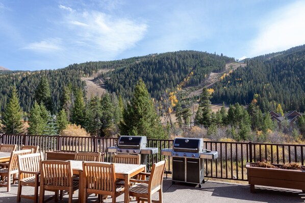 An outdoor patio with wooden tables and chairs, barbecue grills, and a view of a forested mountain.