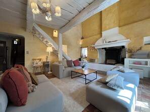 Télévision, cheminée, lecteur de DVD, livres