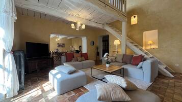 Télévision, cheminée, lecteur de DVD, livres