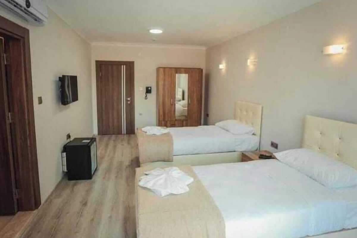 Quarto de hotel com duas camas, piso de madeira, guarda-roupa, espelho e televisão.