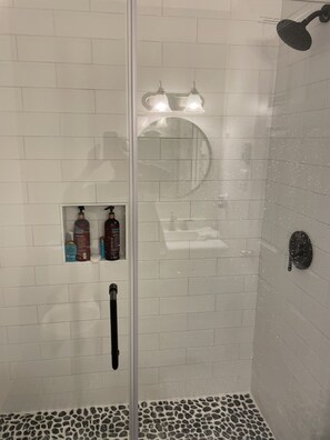 Combined shower/tub, hair dryer