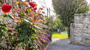 Un sentier pavé de pierres menant à un mur de pierre, avec un jardin agrémenté de rosiers et d’autres plantes.