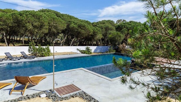 En swimmingpool med liggestole, en lille terrassemark og en skov i baggrunden.