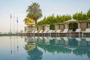 A pool area with lounge chairs and umbrellas, flags, and lush greenery.