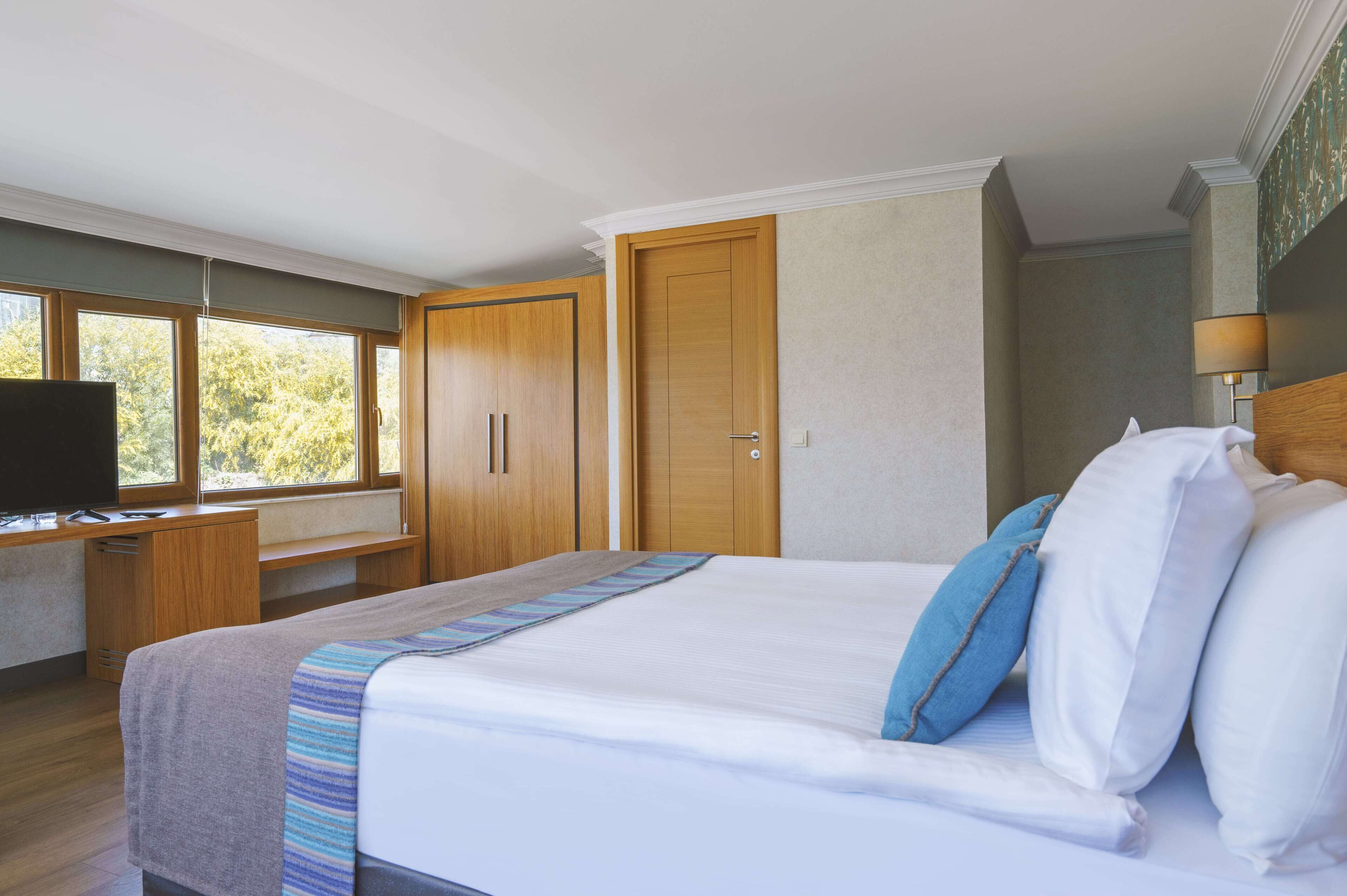 A hotel room with a large bed, a desk with a flat-screen TV, wooden wardrobes, and a window with a view of trees.