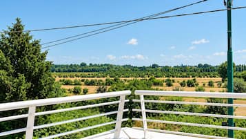 Un balcon doté d’une balustrade blanche, d’où l’on peut admirer un paysage rural avec des arbres et des champs.