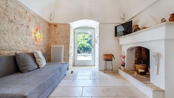 21-inch TV with cable channels, fireplace