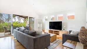 Smart TV, fireplace, stereo