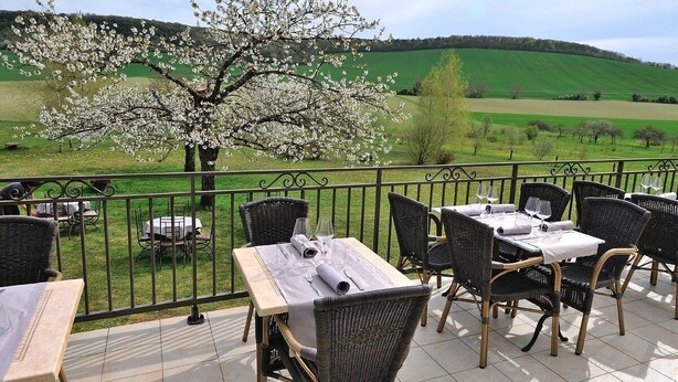 Ein Essbereich im Freien mit Tischen und Stühlen, einem Metallgeländer und Blick auf ein grünes Feld sowie einen Baum mit weißen Blüten.