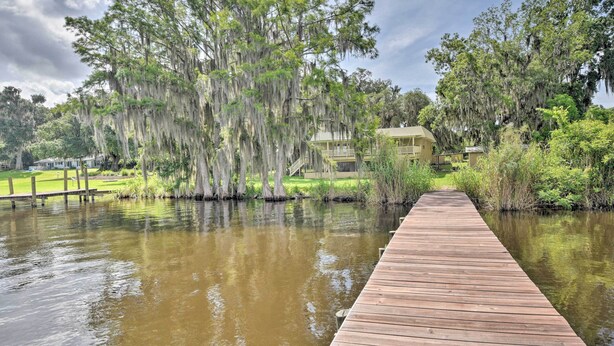 A wooden dock extending over a calm body of water, surrounded by lush greenery and trees with Spanish moss. - Waterfront Welaka Escape w/ Private Docks! (Welaka)