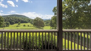 Ein Balkon mit Blick auf eine grüne Landschaft, darunter Bäume und ein Hügel.