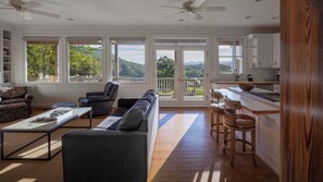 Flat-screen TV, fireplace, books