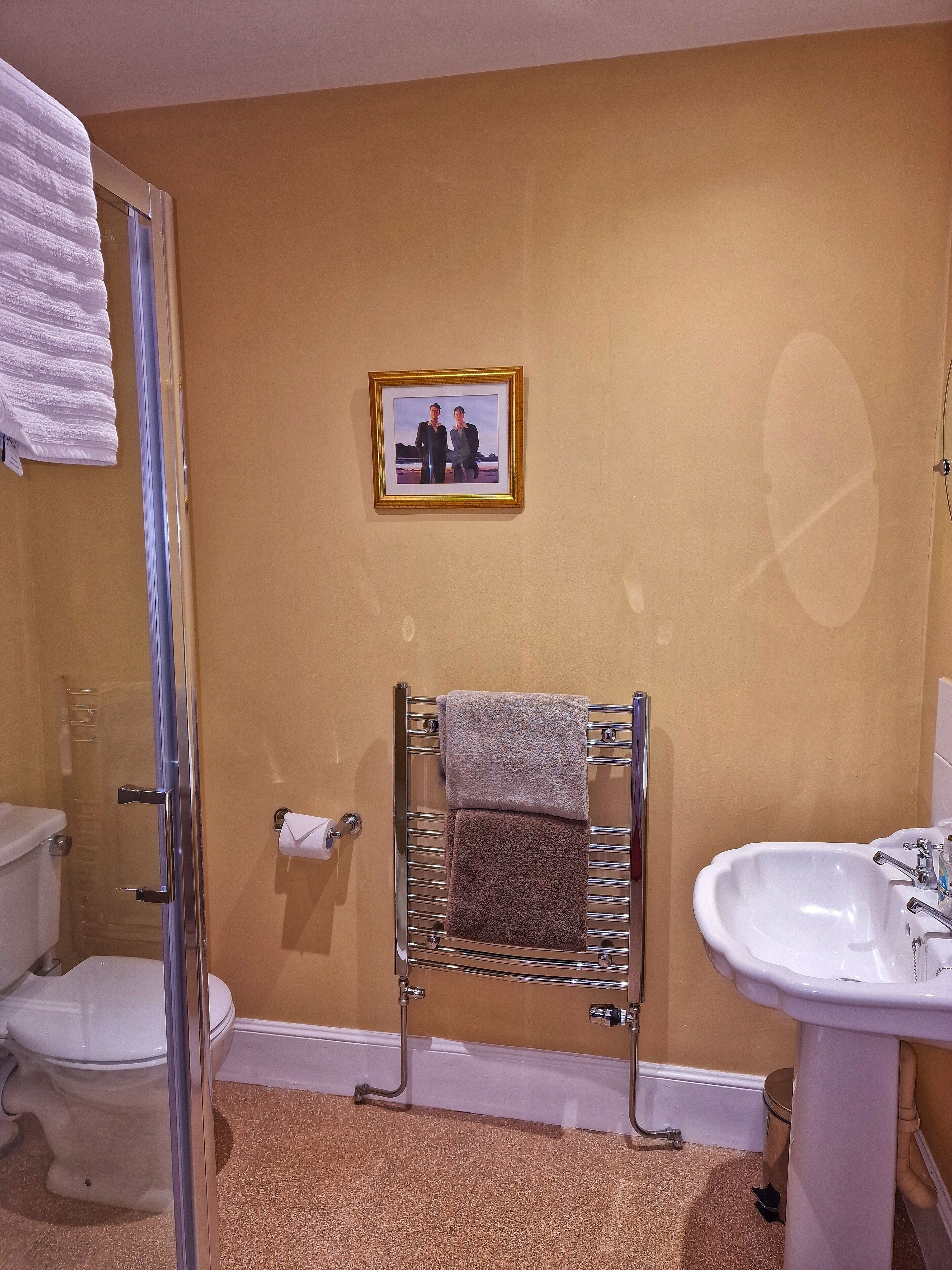 A bathroom with a toilet, shower, sink, towel rack, and a framed picture on the wall.